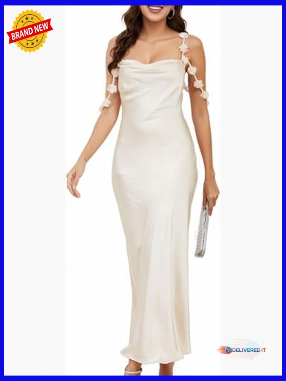 Satin Off Shoulder Backless Midi Dress Formal Wedding Guest Cowl Neck